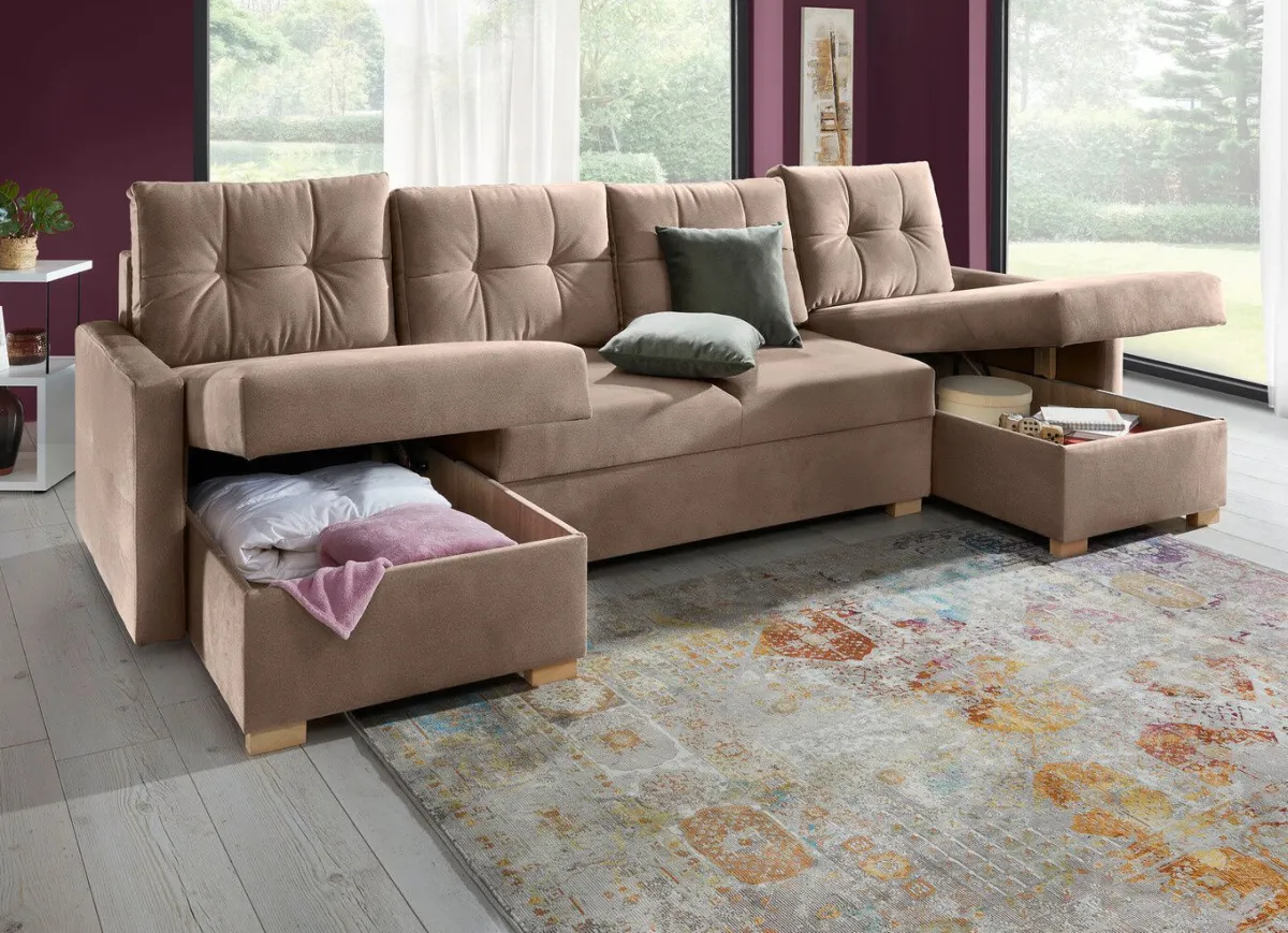 Sale BADER Gemütliche Wohnlandschaft mit Bettfunktion und 3 Bettkästen TAUPE