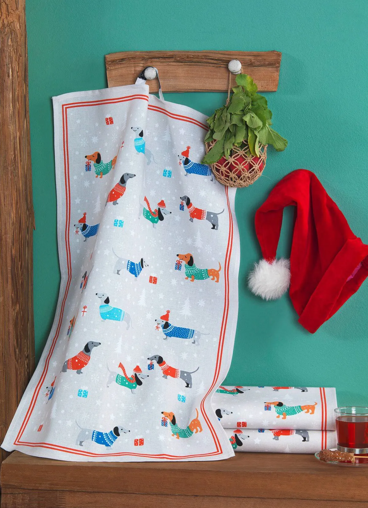 Hot BADER Geschirrtücher mit Weihnachtsdackel-Motiv, 3er-Set BUNT