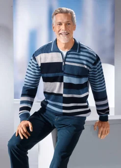 Outlet BADER Gestreifter Polopullover mit kurzem Reißverschluss JEANSBLAU-MARINE-ECRU