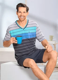 Outlet HAJO NACHTMODE Hajo Klima Komfort Shorty mit V-Ausschnitt und garngefärbtem Ringel GRAFIT-GRAU-BLAU