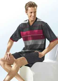 New HAJO NACHTMODE Hajo Klima Komfort Shorty mit V-Ausschnitt und garngefärbtem Ringeldessin SCHWARZ-ROT