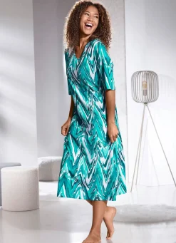 Best BADER Hauskleid mit V-Ausschnitt PETROL-MINT-ECRU-BUNT