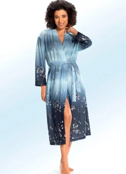 Hot PLANTIER Hausmantel in Kimono-Form RAUCHBLAU-BUNT