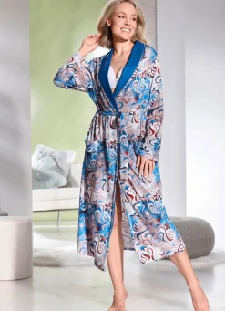 Online BADER Hausmantel mit Schalkragen BLAU-TAUPE-ECRU-BUNT
