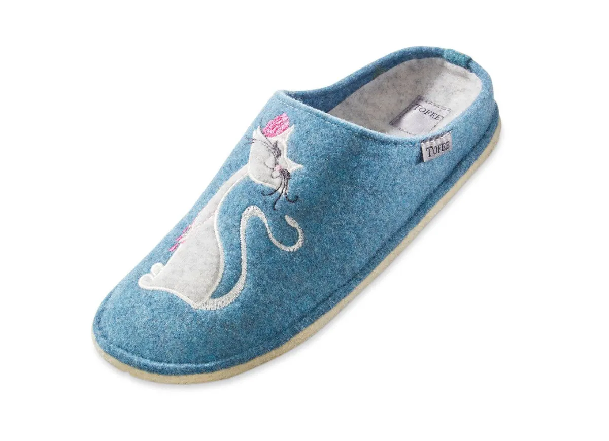 New BADER Hausschuh mit farblich abgestimmter Katzen-Applikation JEANSBLAU