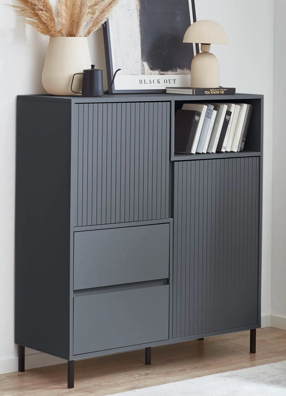 Sale BADER Highboard mit aufwendiger Rillenfront ANTHRAZIT