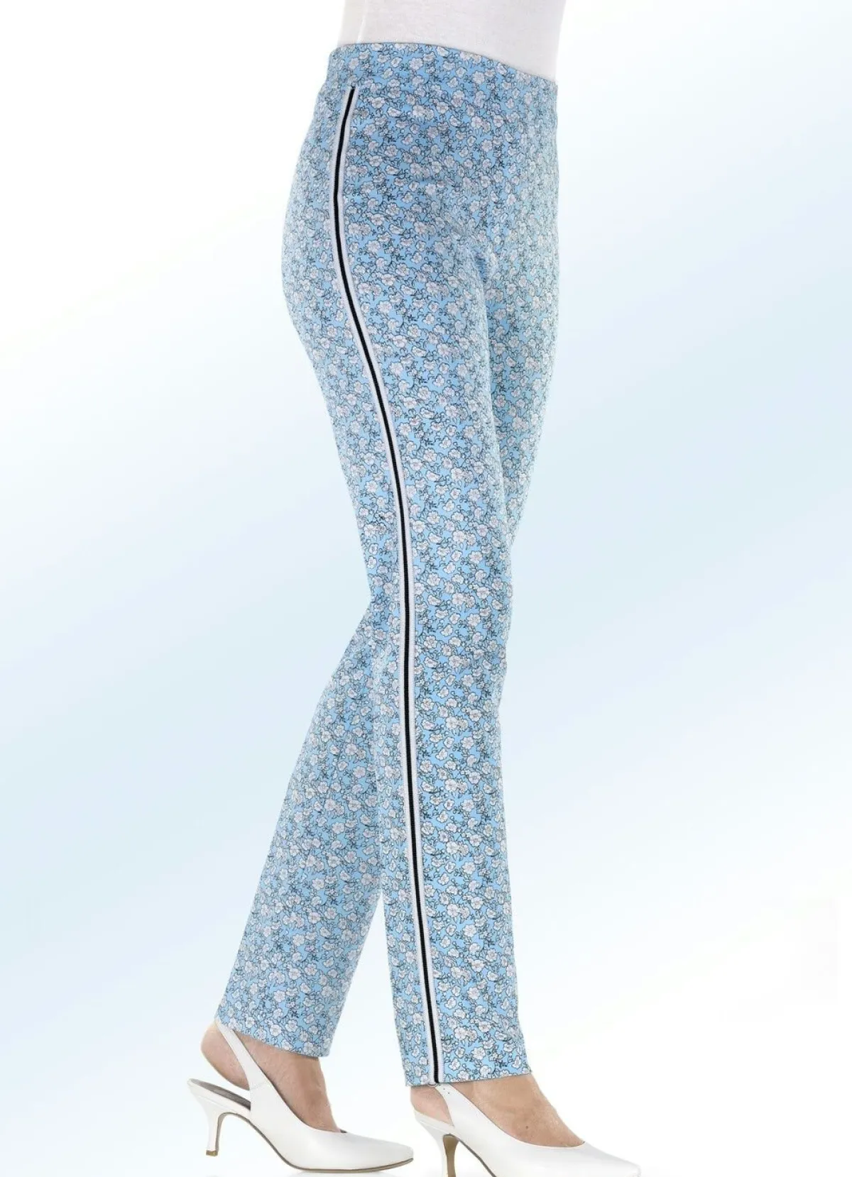 Clearance ELENA EDEN Hose mit aparter Floral-Dessinierung und effektvollem Zierband BLEU-WEISS