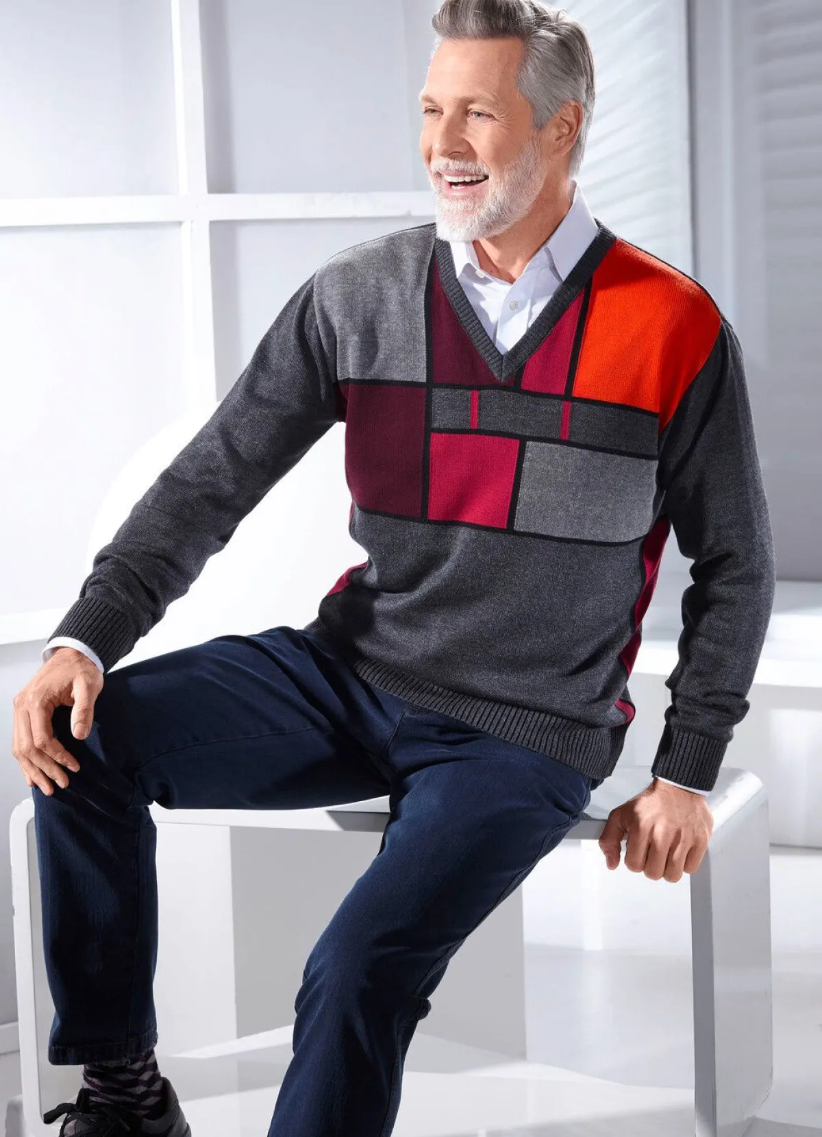 Best BADER Interessanter V-Pullover mit Grafikmuster ANTHRAZIT-BORDEAUX-TERRAKOTTA
