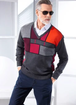 Best BADER Interessanter V-Pullover mit Grafikmuster ANTHRAZIT-BORDEAUX-TERRAKOTTA