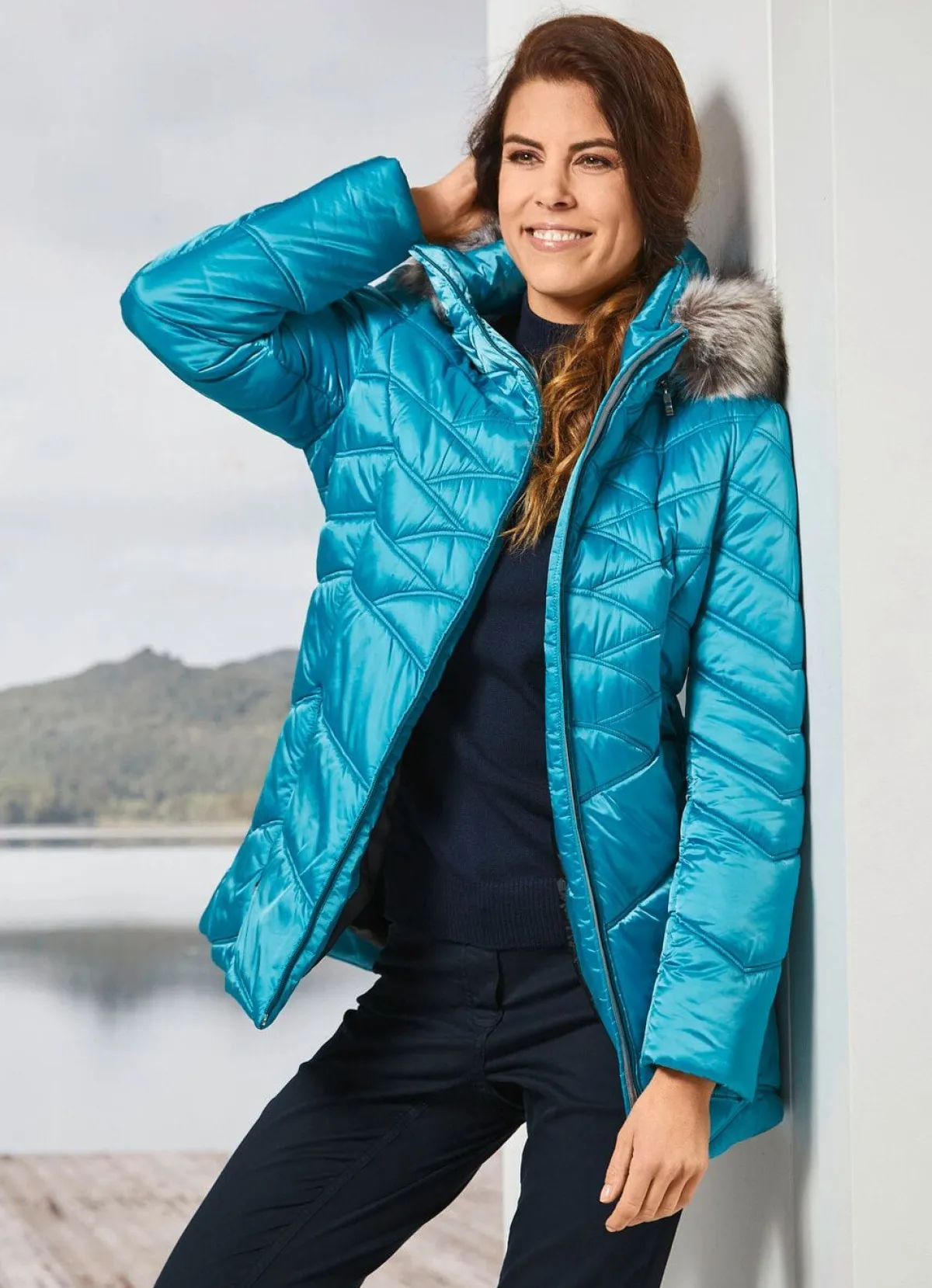 Discount BADER Jacke mit abnehmbarem Kunstpelz-Besatz AQUAMARIN