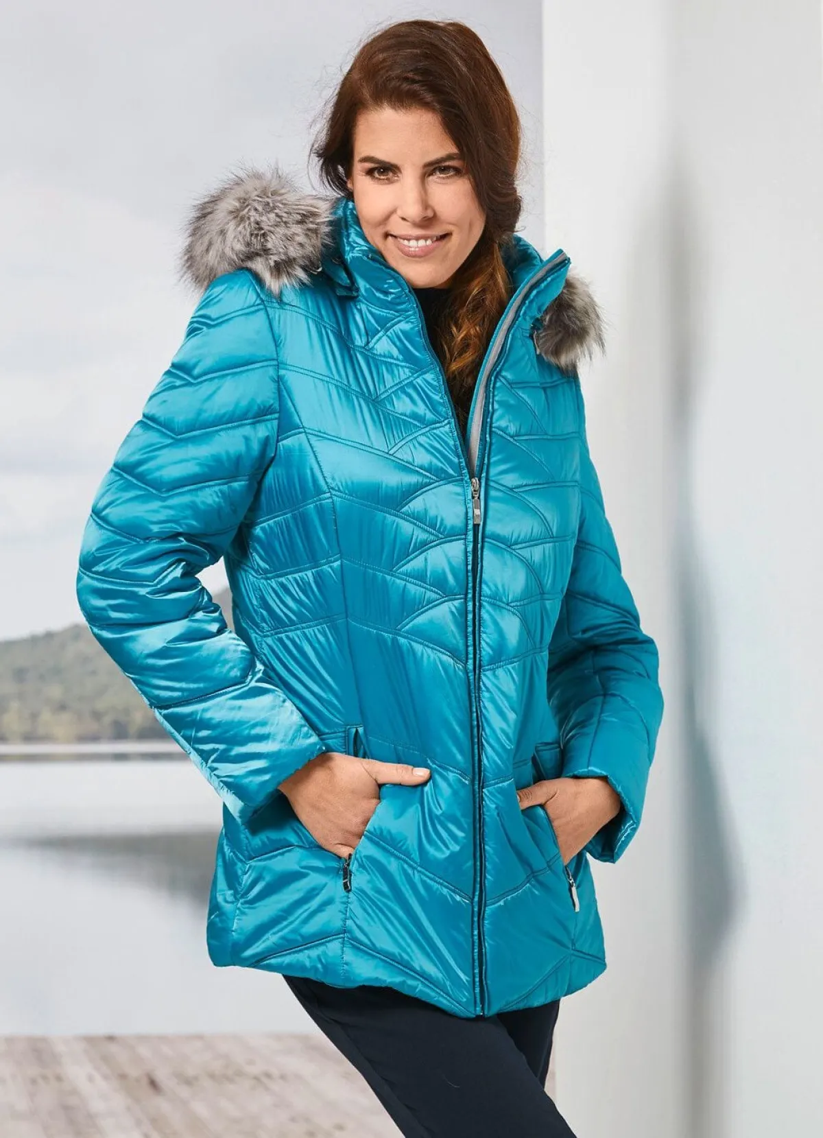 Discount BADER Jacke mit abnehmbarem Kunstpelz-Besatz AQUAMARIN