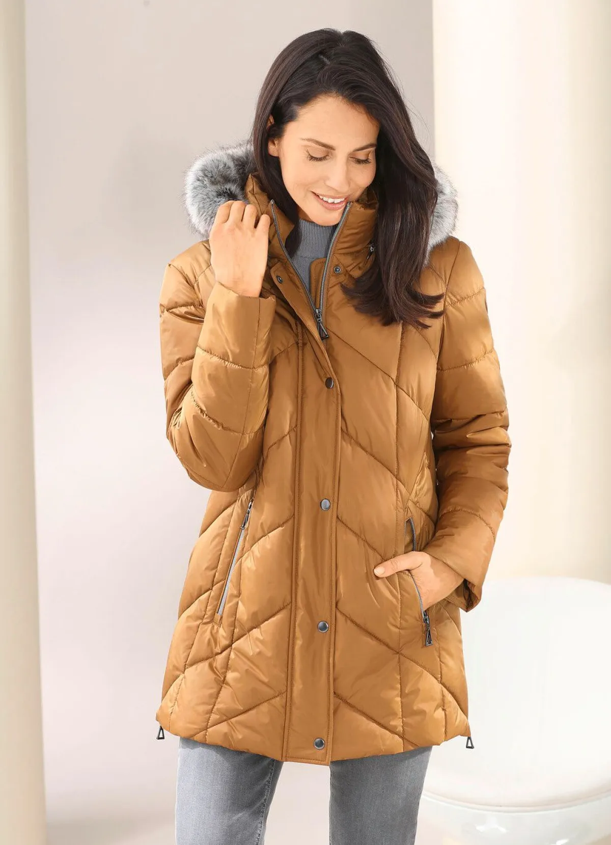 Outlet BADER Jacke mit abnehmbarem Kunstpelz-Besatz KARAMELL