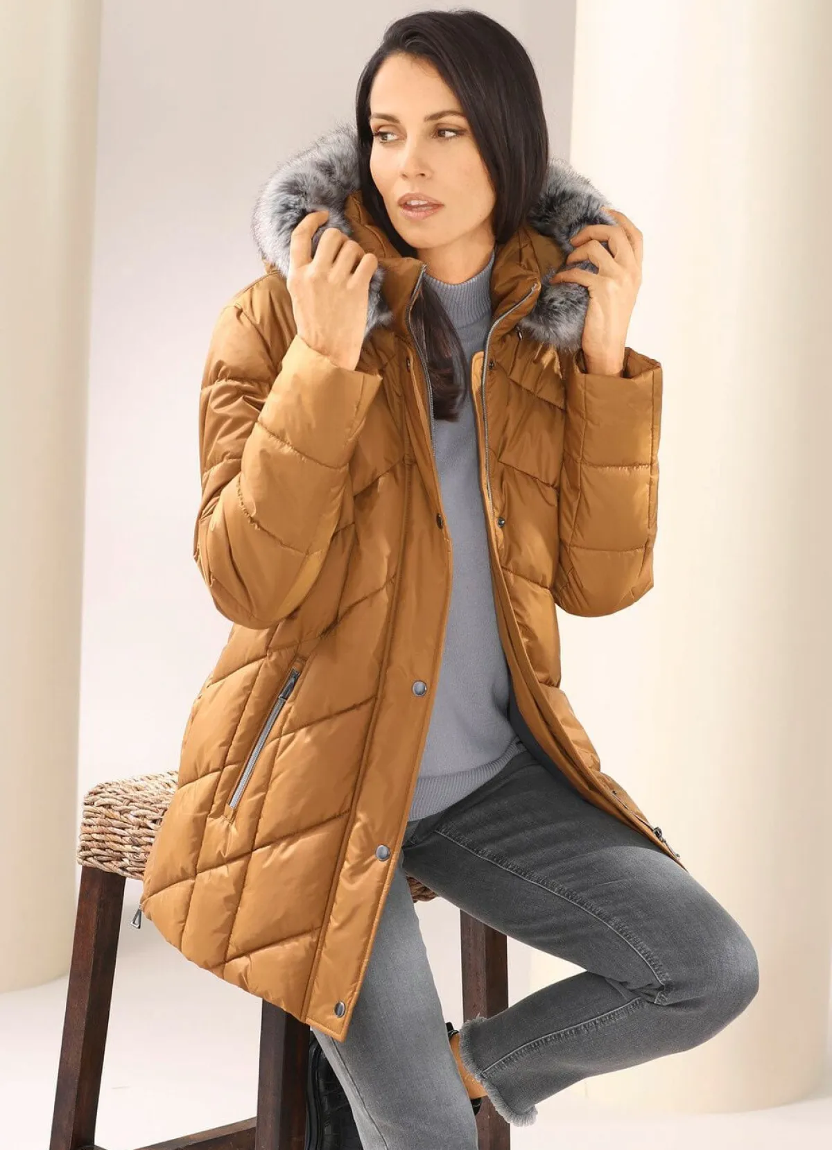 Outlet BADER Jacke mit abnehmbarem Kunstpelz-Besatz KARAMELL