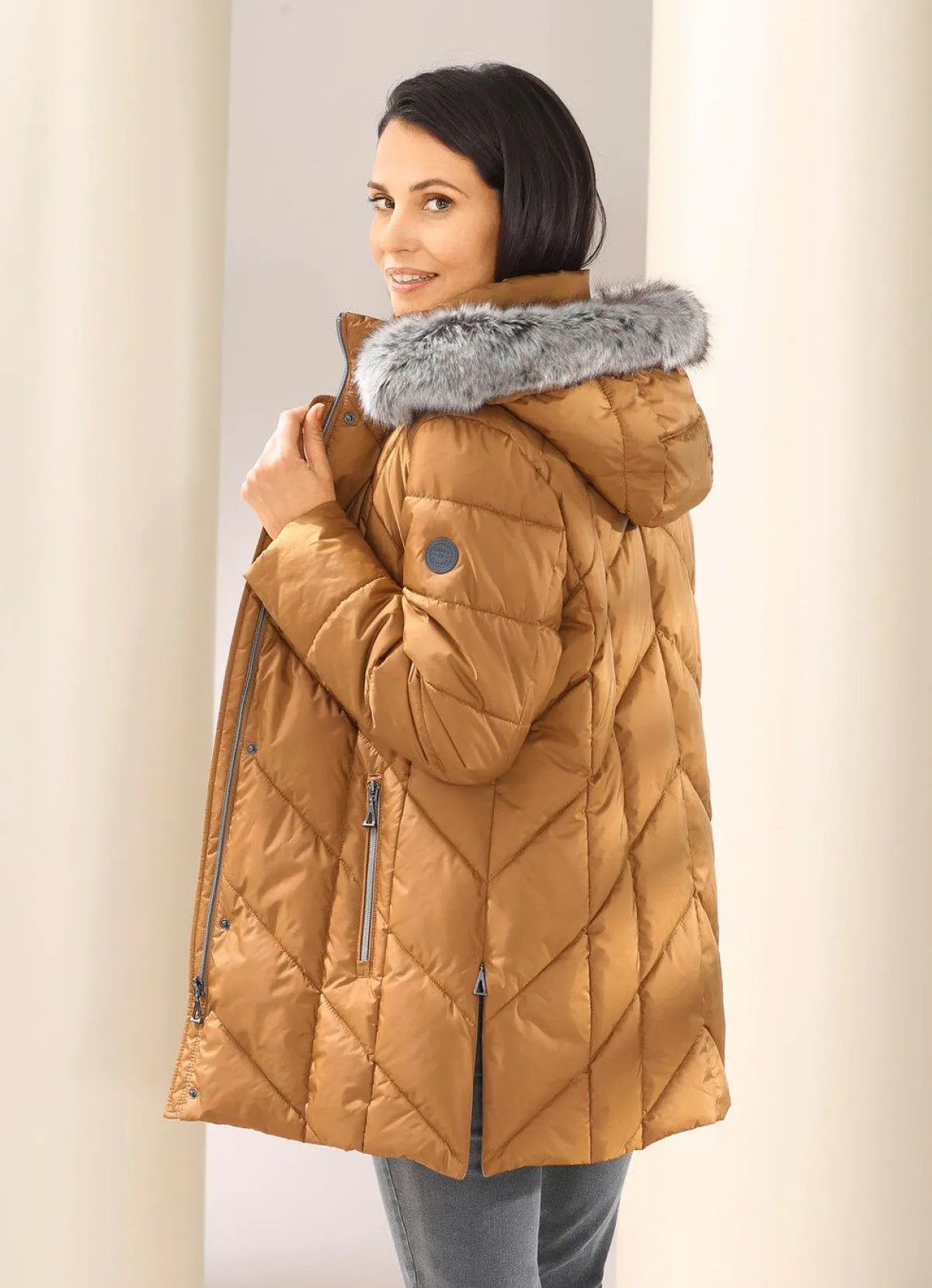 Outlet BADER Jacke mit abnehmbarem Kunstpelz-Besatz KARAMELL