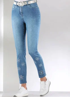 Online BADER Jeans mit floralen Lochstickereien und Strasssteinchen HELLBLAU