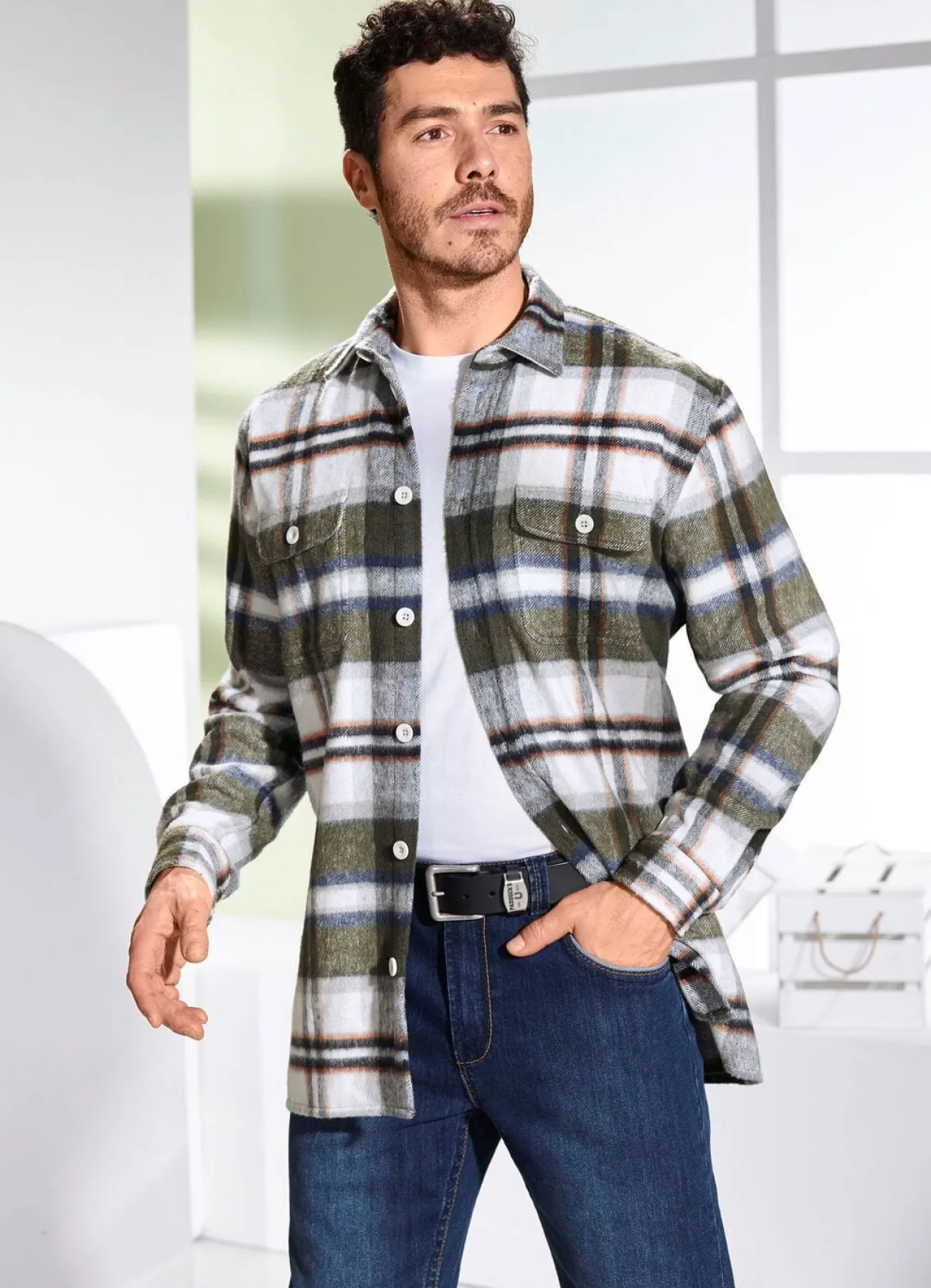 Clearance BADER Kariertes Overshirt KHAKI-WOLLWEISS KARIERT