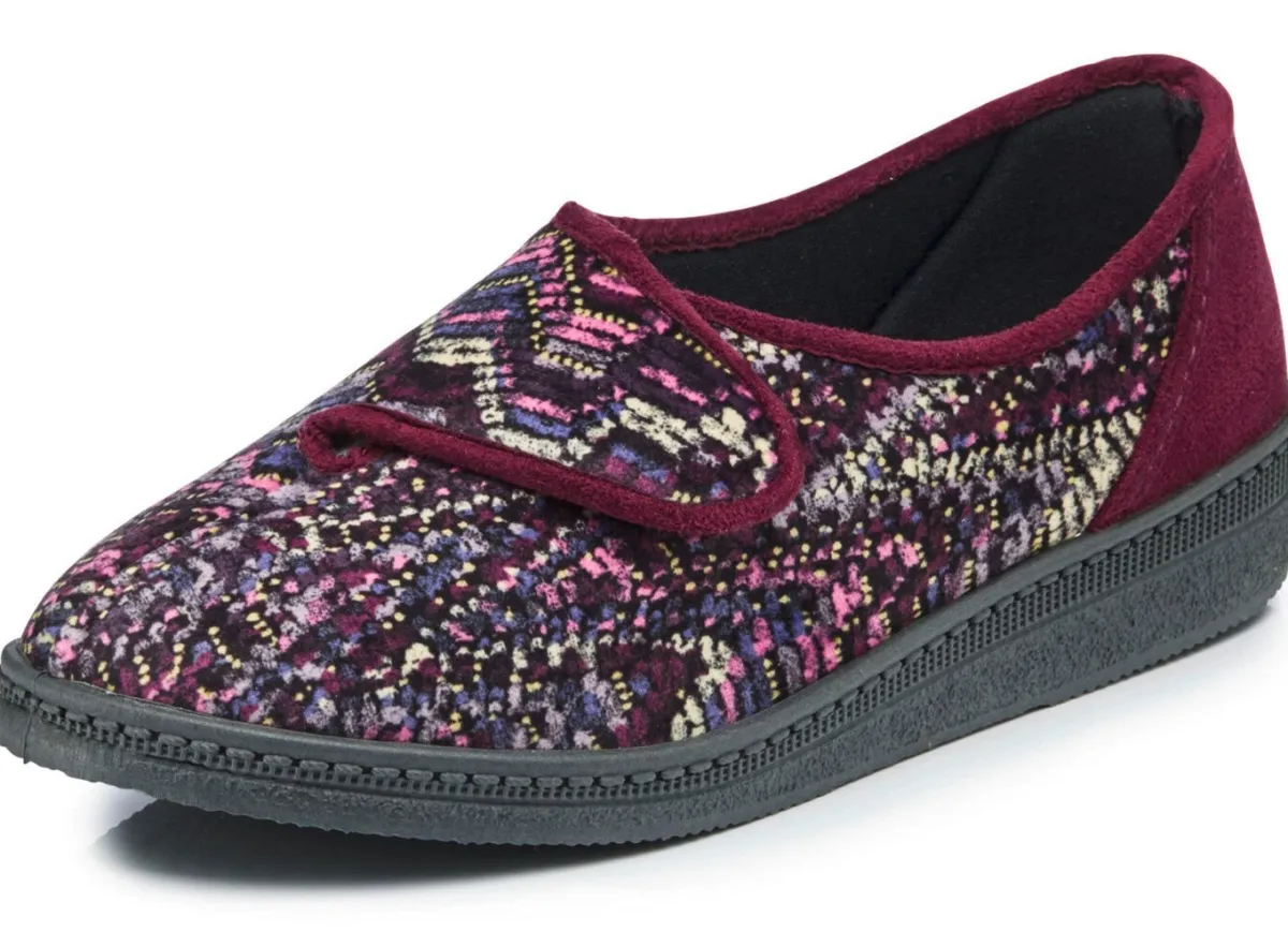 Online BADER Klassische Damen-Hausschuhe, Weite H, mit Klettverschluss BORDEAUX-MULTICOLOR