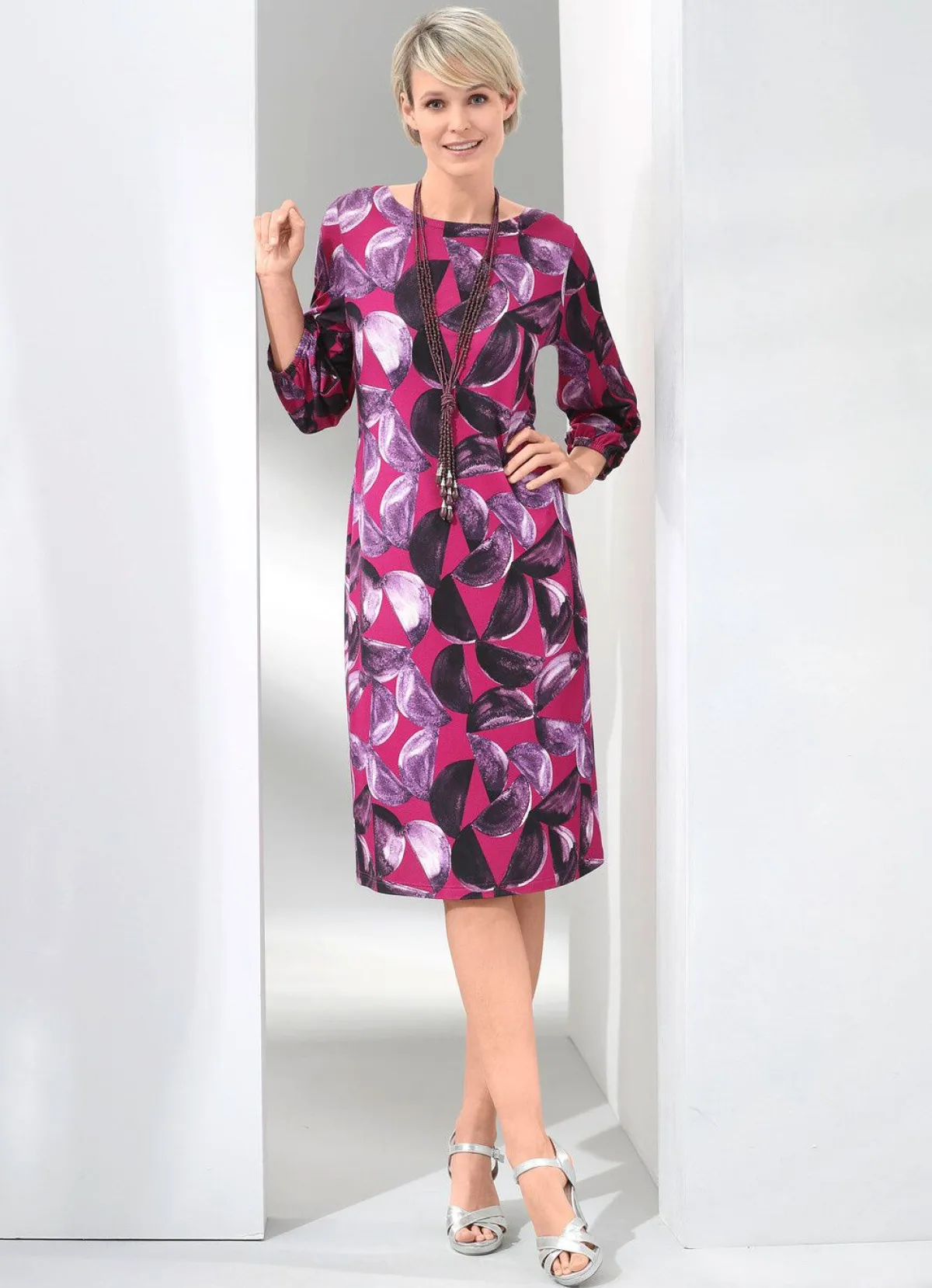Best BADER Kleid in Premium-Qualität FUCHSIA-AUBERGINE-ECRU-BUNT