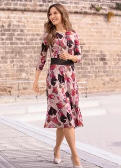 Sale KLAUS MODELLE MADE IN GERMANY Kleid mit breitem Kunstleder-Einsatz ALTROSÉ-MANGO-FUCHSIA-BUNT