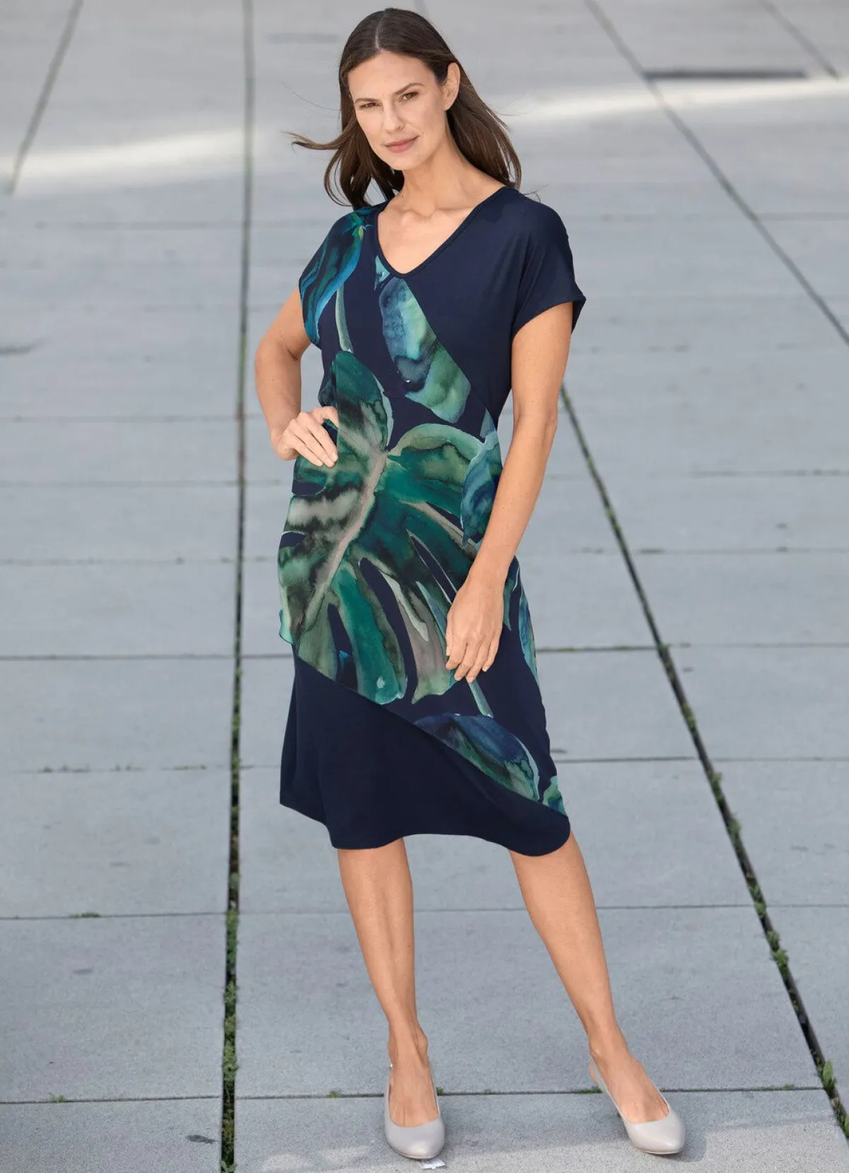 Outlet BADER Kleid mit Chiffon-Besatz MARINE-GRÜN-BUNT