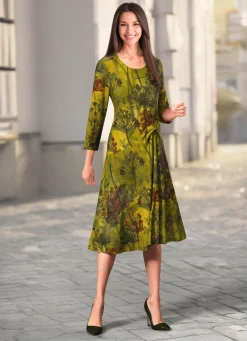 Hot KLAUS MODELLE MADE IN GERMANY Kleid mit farbbrillantem Druck SENF-GRÜN-BRAUN-BUNT
