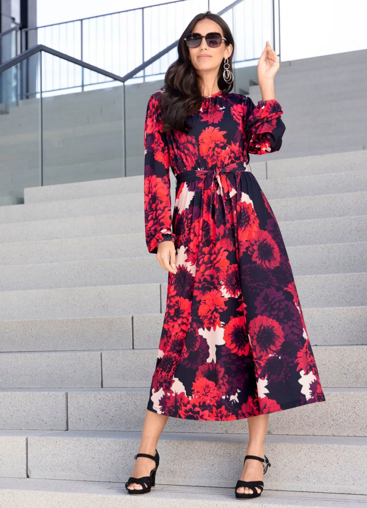 Tizia Kleid mit Floral-Dessin ROT-SCHWARZ-SAND-BUNT