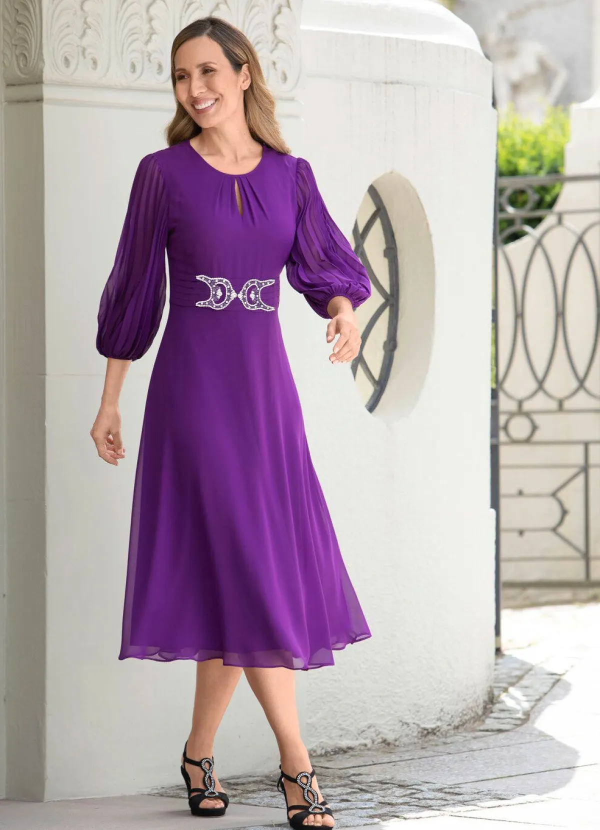 Sale BADER Kleid mit funkelnder Schmuckstein-Applikation LILA
