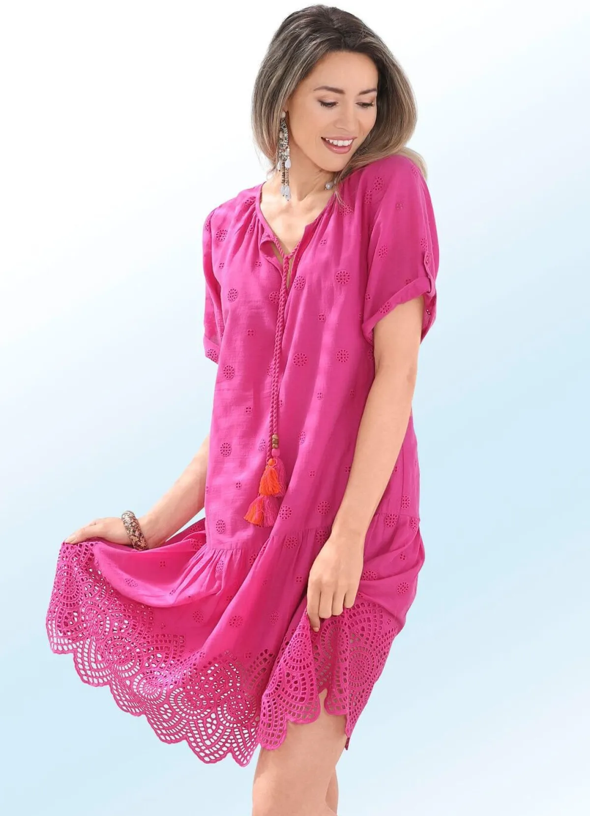 Online BADER Kleid mit Lochstickerei, aus reiner Baumwolle FUCHSIA
