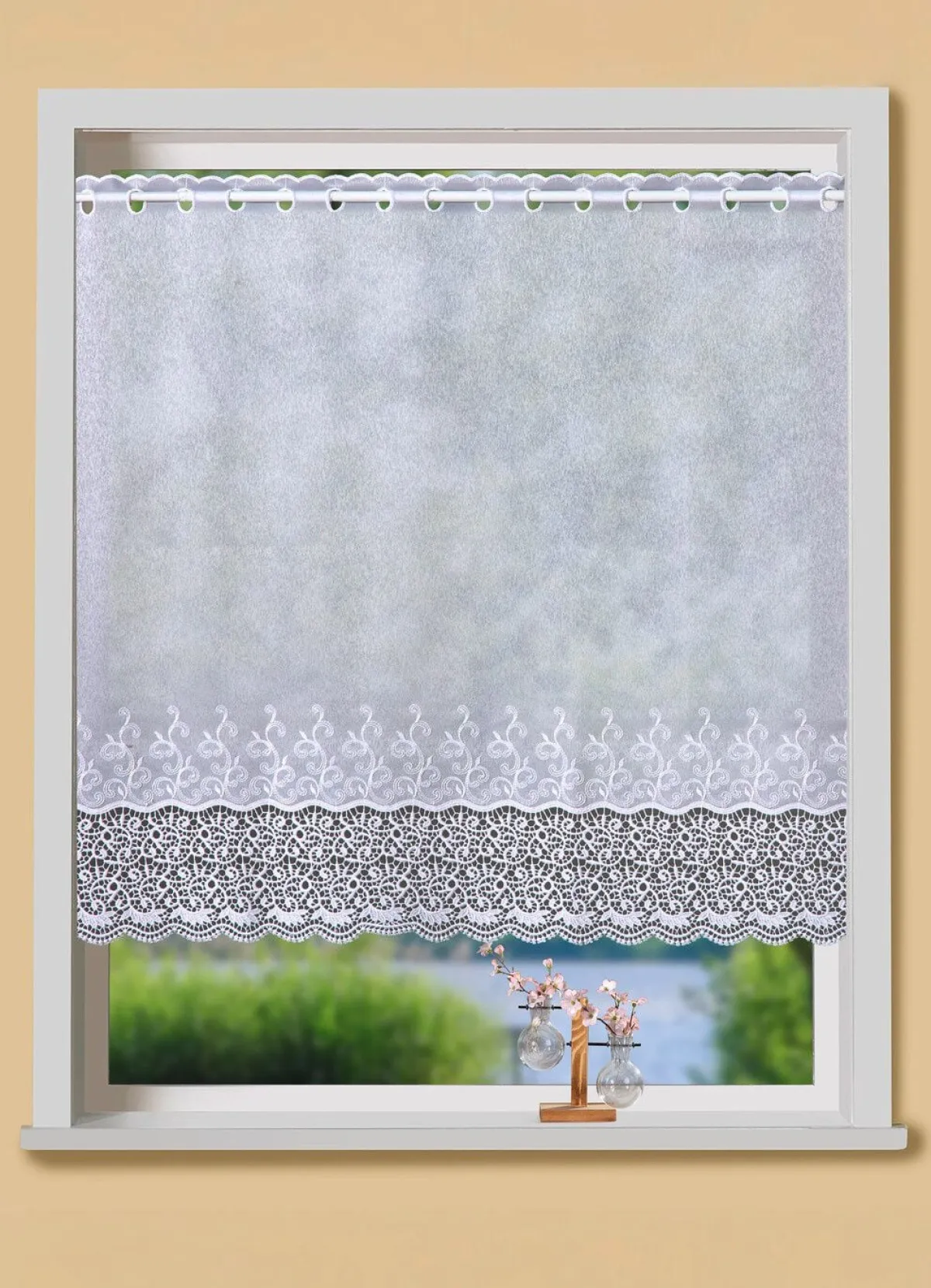 Discount BADER Kleinfenster-Store mit gebogtem Macramé-Abschluss WEISS