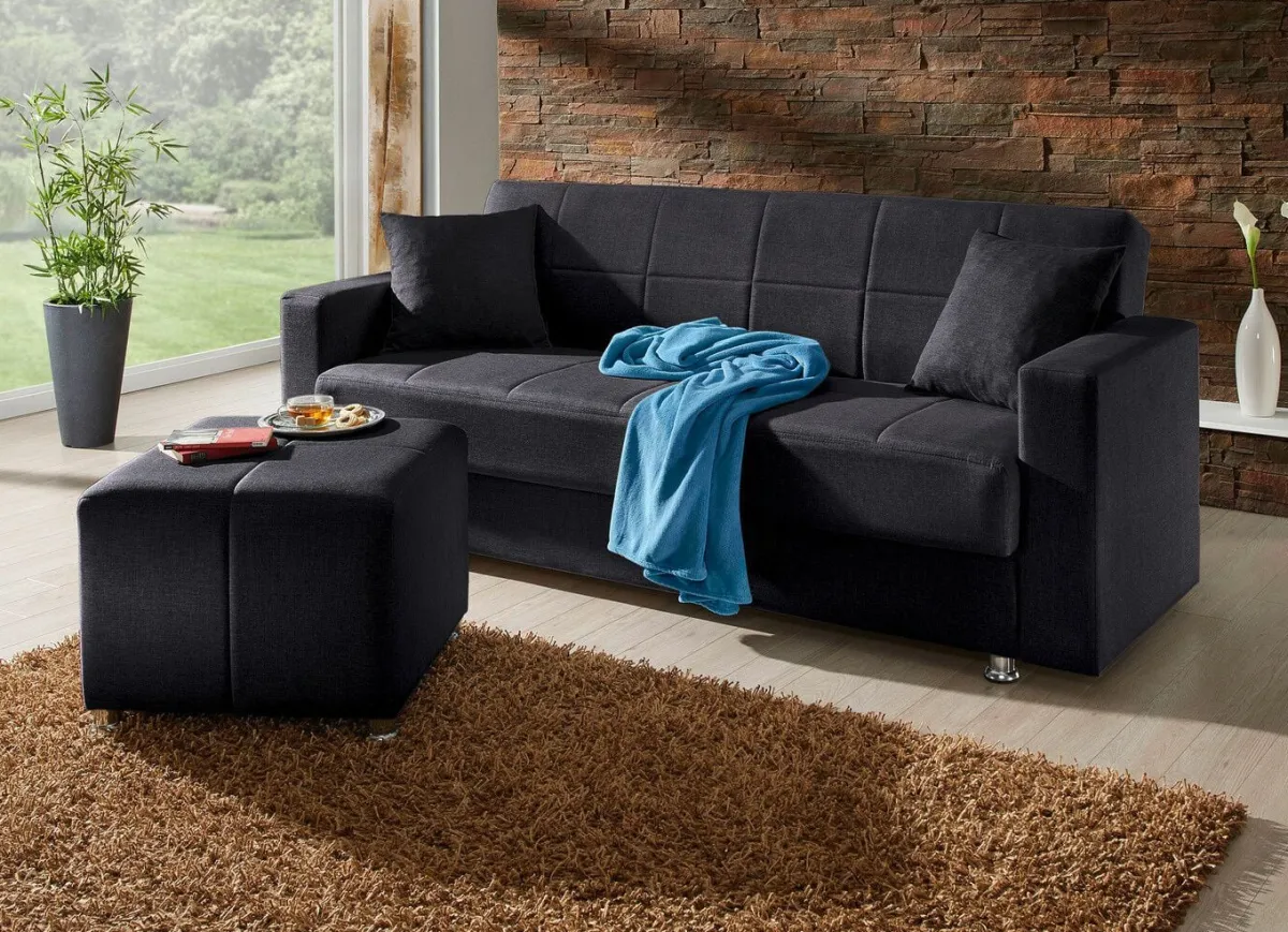 Hot BADER Klick-Klack-Sofa mit Hocker und Dekokissen SCHWARZ