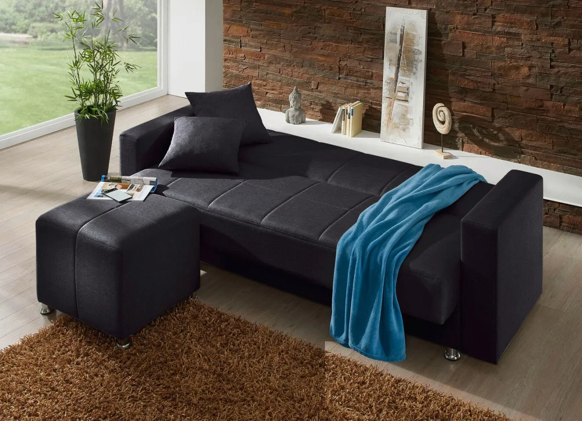 Hot BADER Klick-Klack-Sofa mit Hocker und Dekokissen SCHWARZ