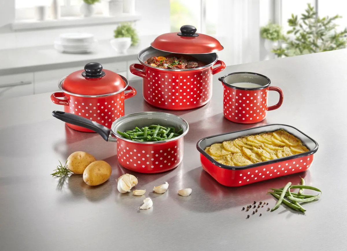 New BADER Koch-Set aus hochwertiger Emaillet, 5-teilig ROT