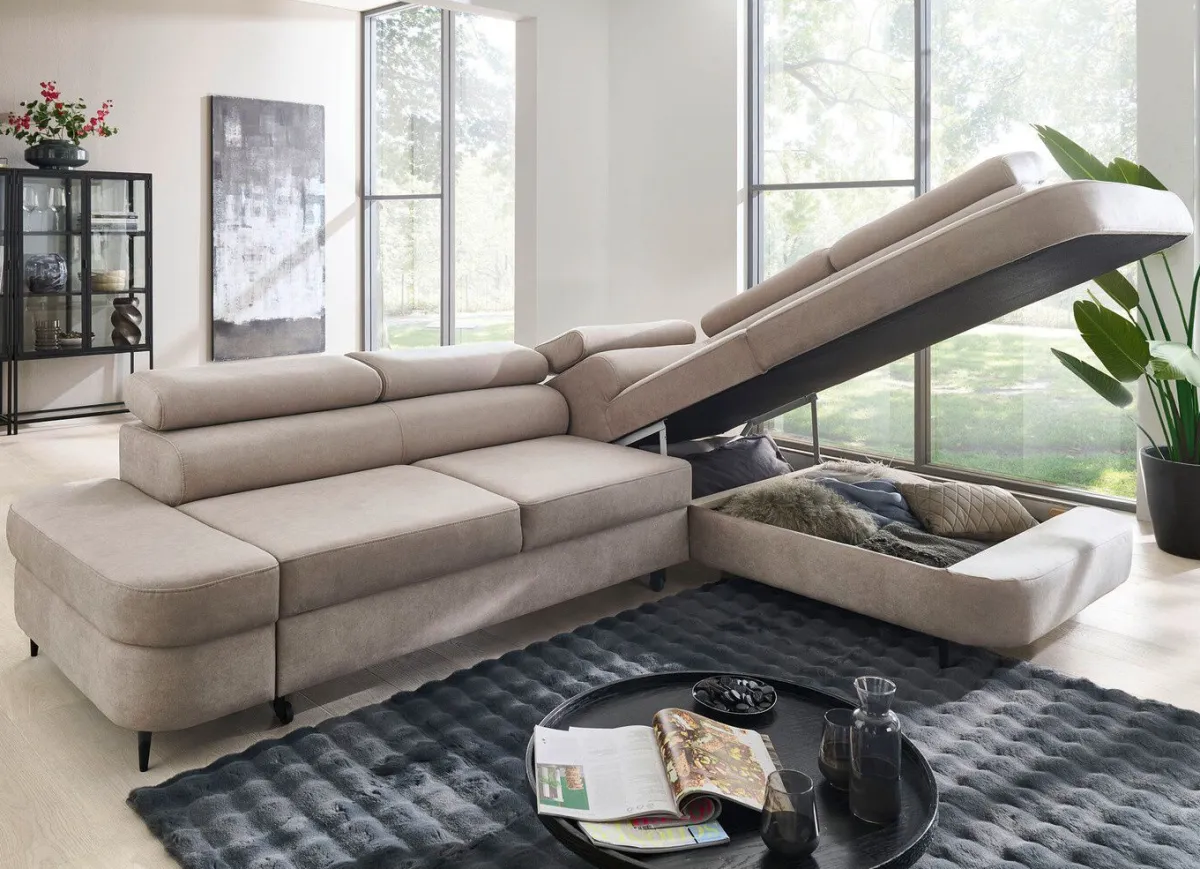 Outlet BADER Komfortable Polsterecke mit Funktion und Bettkasten BEIGE