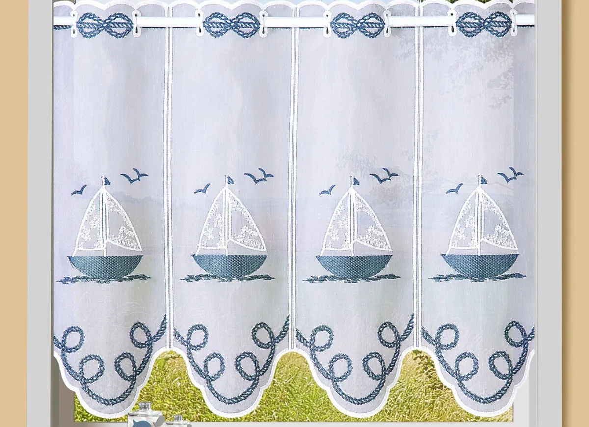Clearance BADER Kurzstore aus besticktem Batist mit Stangendurchzug WEISS-BLAU