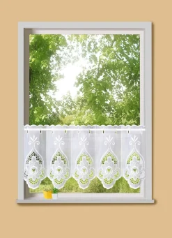 Clearance PLAUENER STICKEREI Kurzstore Blume mit Stangendurchzug WEISS
