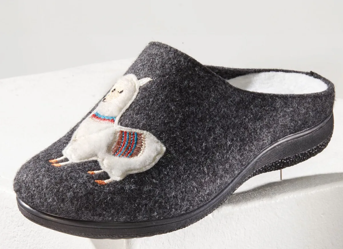 New BADER Kuschelwarme Hausschuhe mit Lama-Applikation ANTHRAZIT