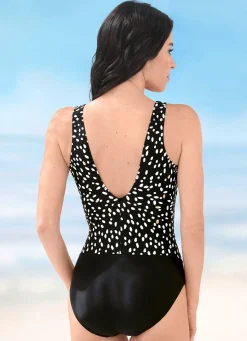 Discount LAURINA Badeanzug mit glänzendem Foliendruck und Halbkorsage SCHWARZ-WEISS