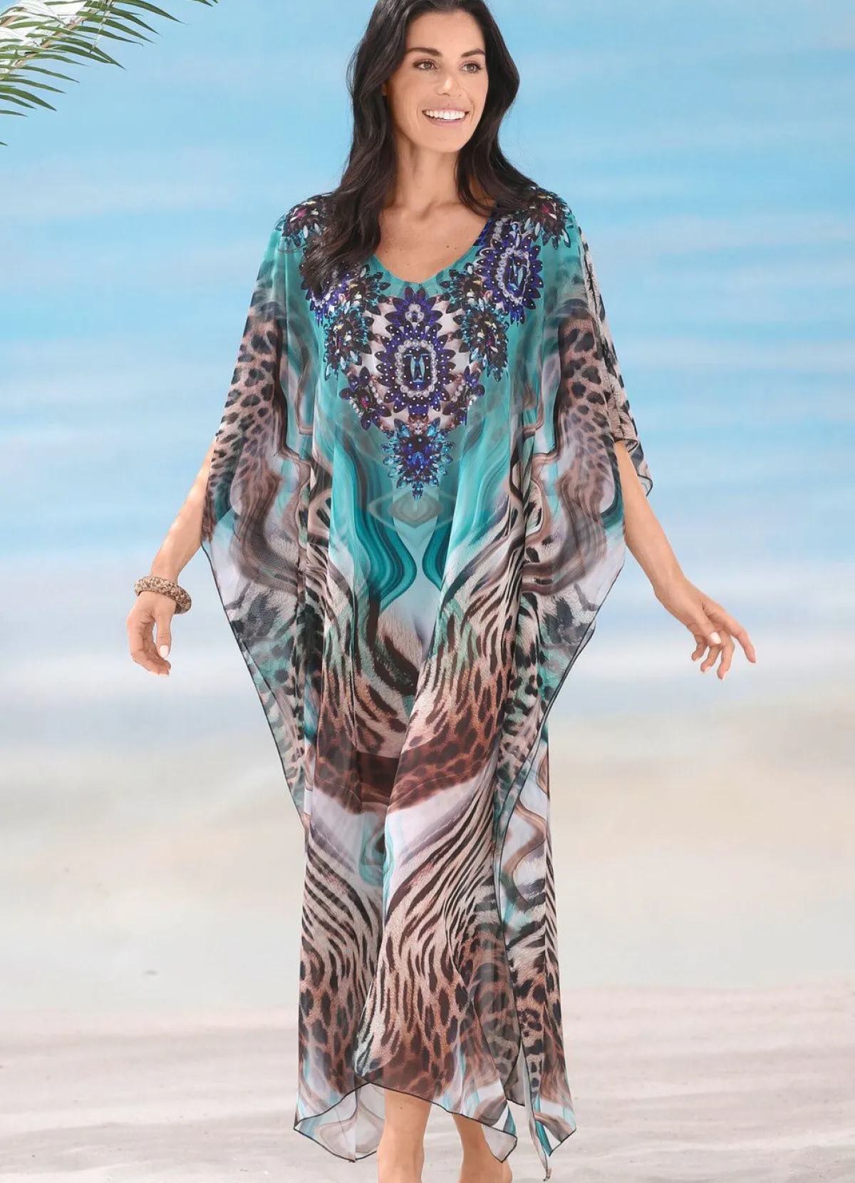 Sale LAURINA Kaftan mit Schmucksteinchen TÜRKIS-BRAUN