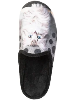 Clearance LAURINA , klassische Damen-Hausschuhe, mit Katzen-Motiv SCHWARZ-MULTICOLOR
