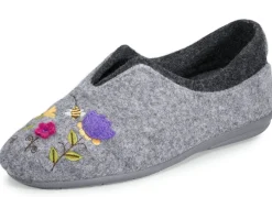 Clearance LAURINA , klassische Damen-Hausschuhe, Weite G, mit fantasievoller Motiv-Stickerei GRAU-BUNT