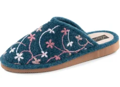 New LAURINA , leichte Damen-Hausschuhe, mit bunter Blüten-Stickerei BLAU
