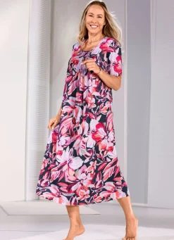 New LAURINA Nachthemd mit Absteppung und Faltenlegung vorne SCHWARZ-PINK-BUNT