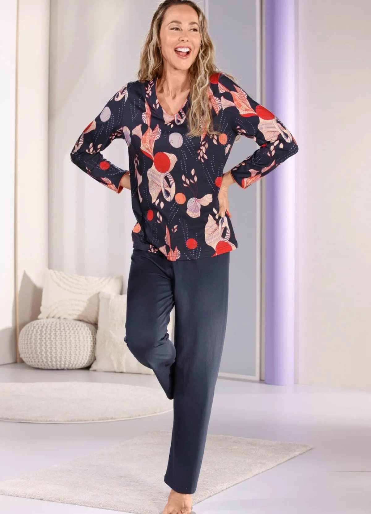 Discount LAURINA Schlafanzug, langer Hose mit Dehnbund MARINE-ORANGE-BUNT