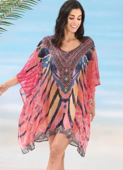 Clearance LAURINA Tunika mit Schmucksteinchen, leicht transparent KORALLE-BUNT