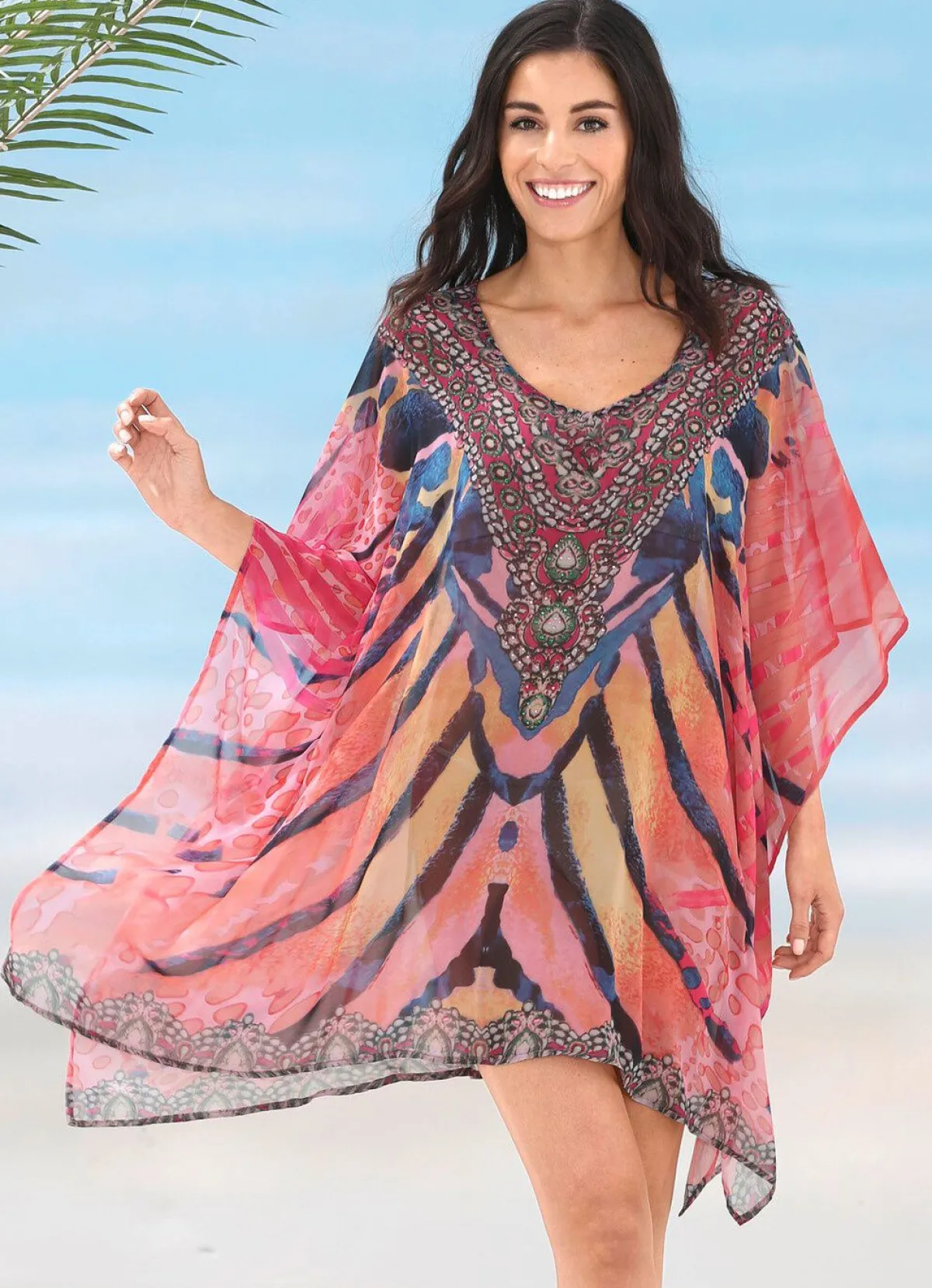 Clearance LAURINA Tunika mit Schmucksteinchen, leicht transparent KORALLE-BUNT