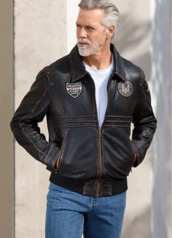 New BADER Lederblouson mit Patches DUNKELBRAUN ANTIK