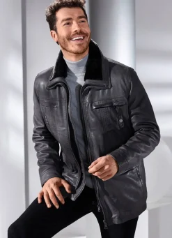New BADER Lederjacke mit abtrennbarem Webpelzkragen ANTHRAZIT ANTIK