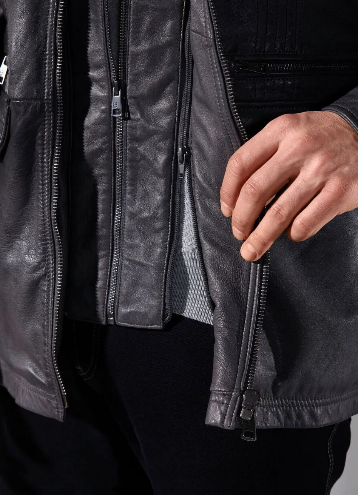 New BADER Lederjacke mit abtrennbarem Webpelzkragen ANTHRAZIT ANTIK