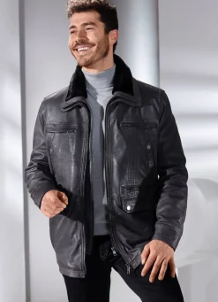 New BADER Lederjacke mit abtrennbarem Webpelzkragen ANTHRAZIT ANTIK