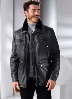 New BADER Lederjacke mit abtrennbarem Webpelzkragen ANTHRAZIT ANTIK